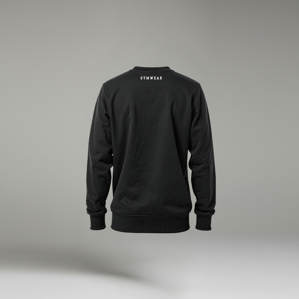 Black sweatshirt with 'STYMWEAR' branding on the back against a gray background