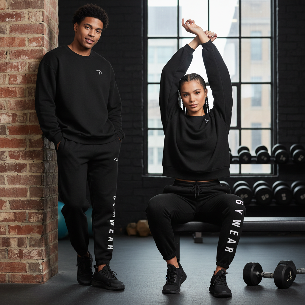 Two people wearing black 'GYWEAR' tracksuits in a gym setting.