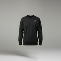 Black sweatshirt with a small white logo on a gray background