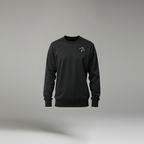 Black sweatshirt with a small white logo on a gray background