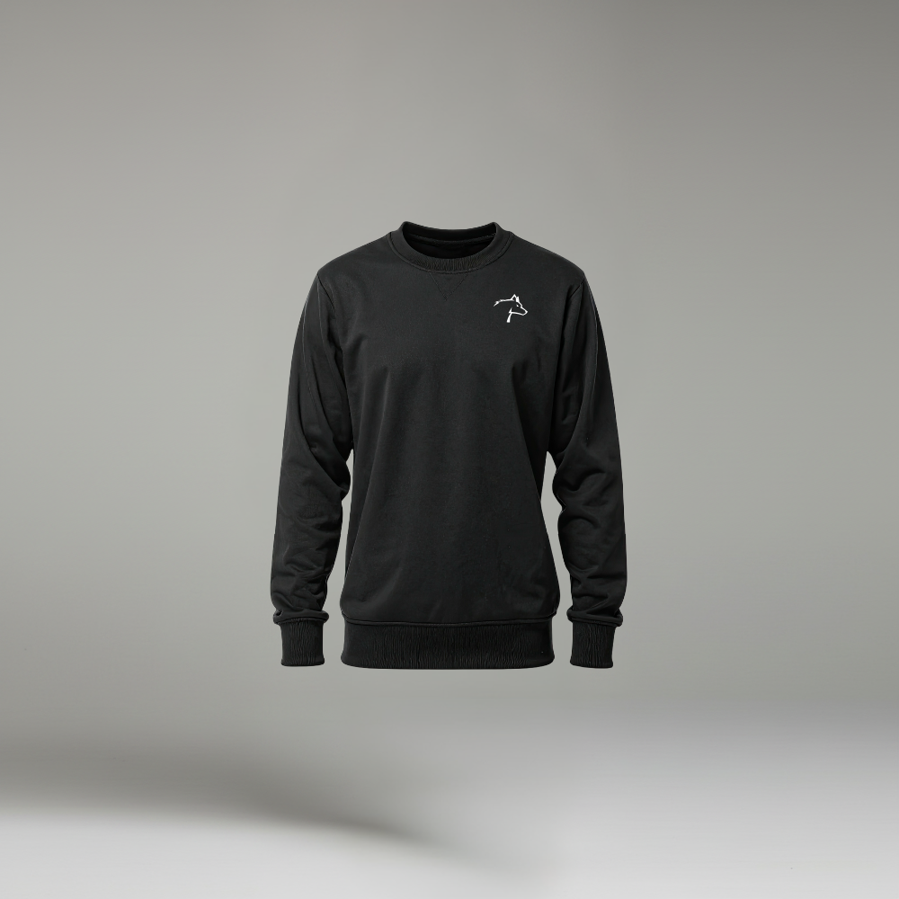 Black sweatshirt with a small white logo on a gray background