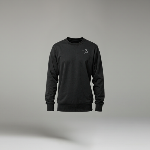 Black sweatshirt with a small white logo on a gray background
