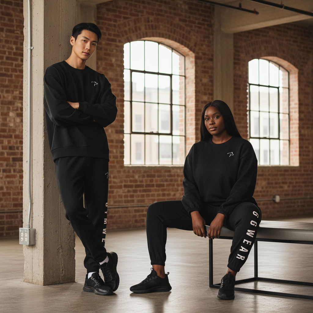 Two people wearing black sweatpants with a logo in a room with brick walls and large windows.