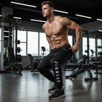 Muscular man in black 'Gymwear' pants posing in a gym.