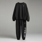 Black gym sweatshirt and pants set with 'GYMWEAR' text on a gray background