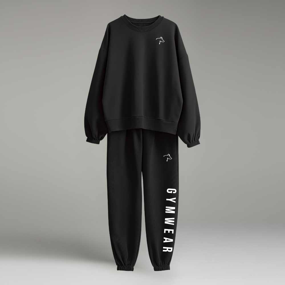 Black gym sweatshirt and pants set with 'GYMWEAR' text on a gray background