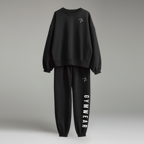 Black gym sweatshirt and pants set with 'GYMWEAR' text on a gray background