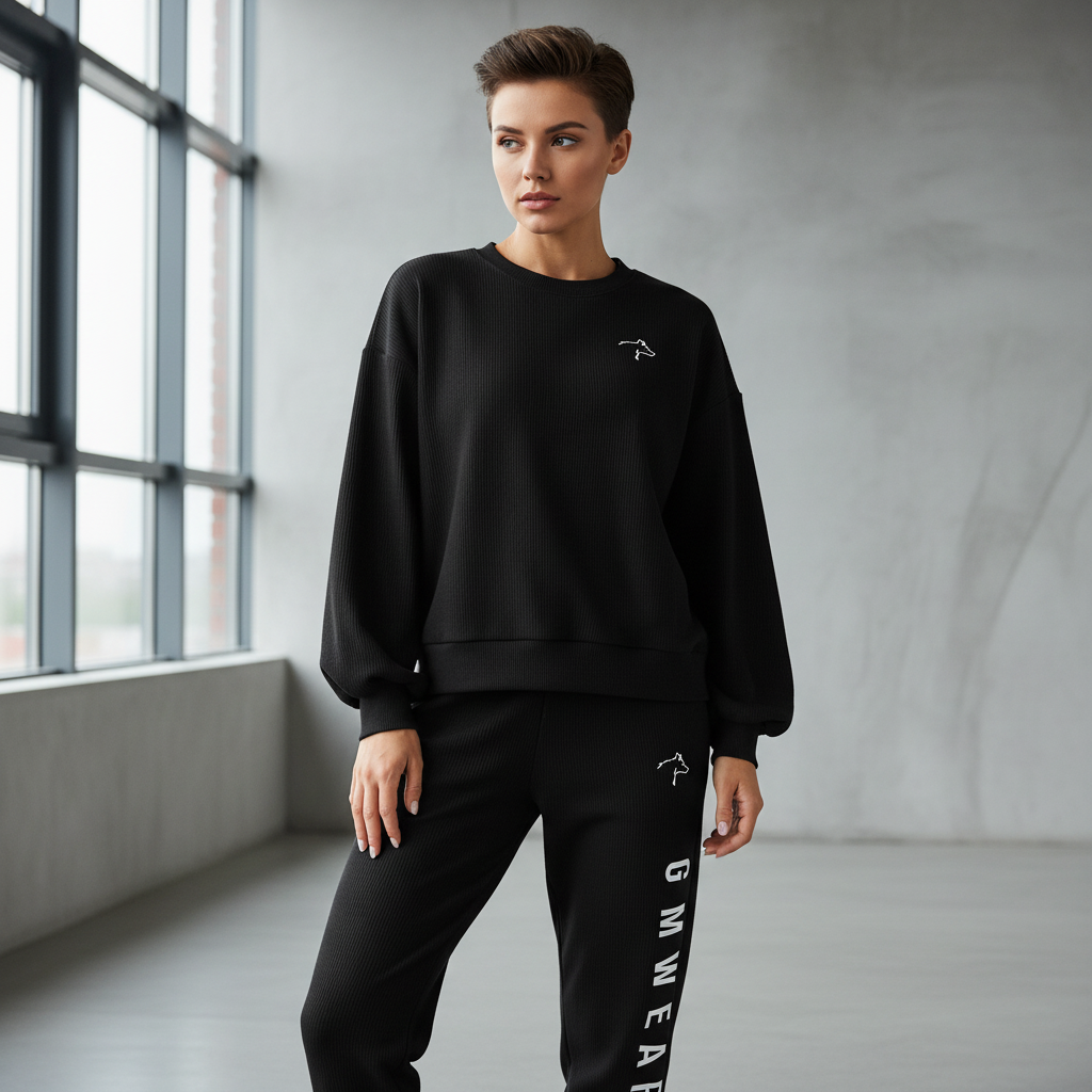 Person wearing a black sweatshirt and black pants with 'Gym Wear' text in a minimalistic room.